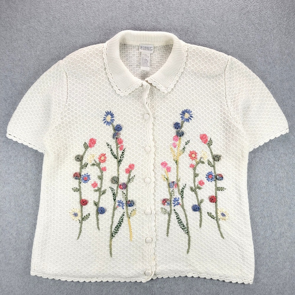 Koret Francisca Cardigan Women L Cream Floral Embroidered Short Sleeve 156X726